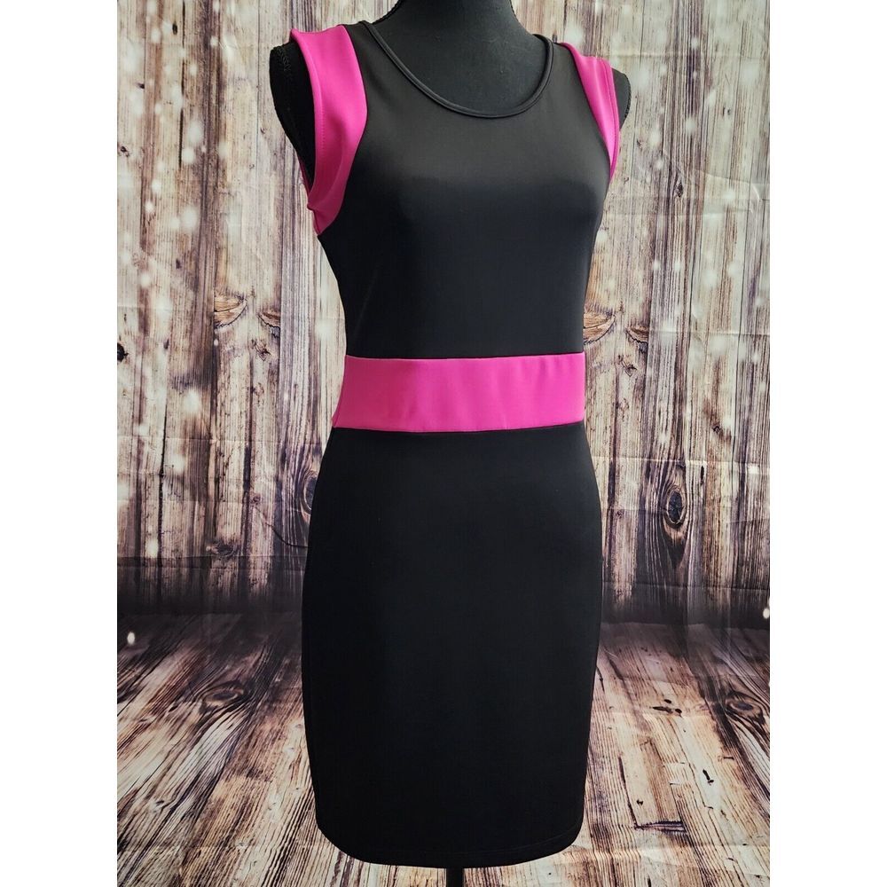 CANDIES Colorblock Retro 70s Medium BLACK & HOT PINK SLEEVELESS DRESS BODYCON